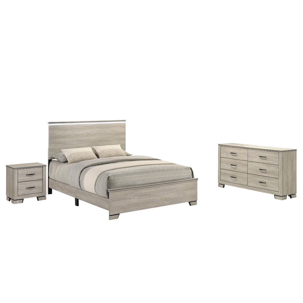 3pc Eastern King Panel Bedroom Set Greige Rustic Oak (Bed, Dresser, Nightstand)
