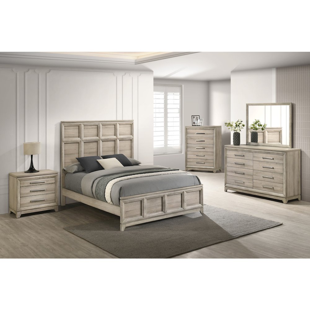 5pc Bedroom Set Weathered Greige  (Bed, Dresser, Mirror,1 Nightstand, Chest)