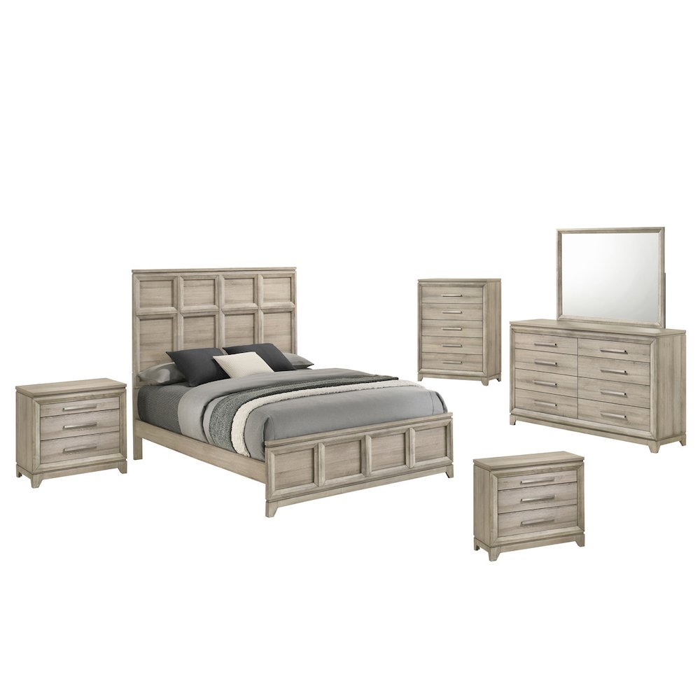 6pc Bedroom Set Weathered Greige (Bed, Dresser, Mirror,2 Nightstand, Chest)