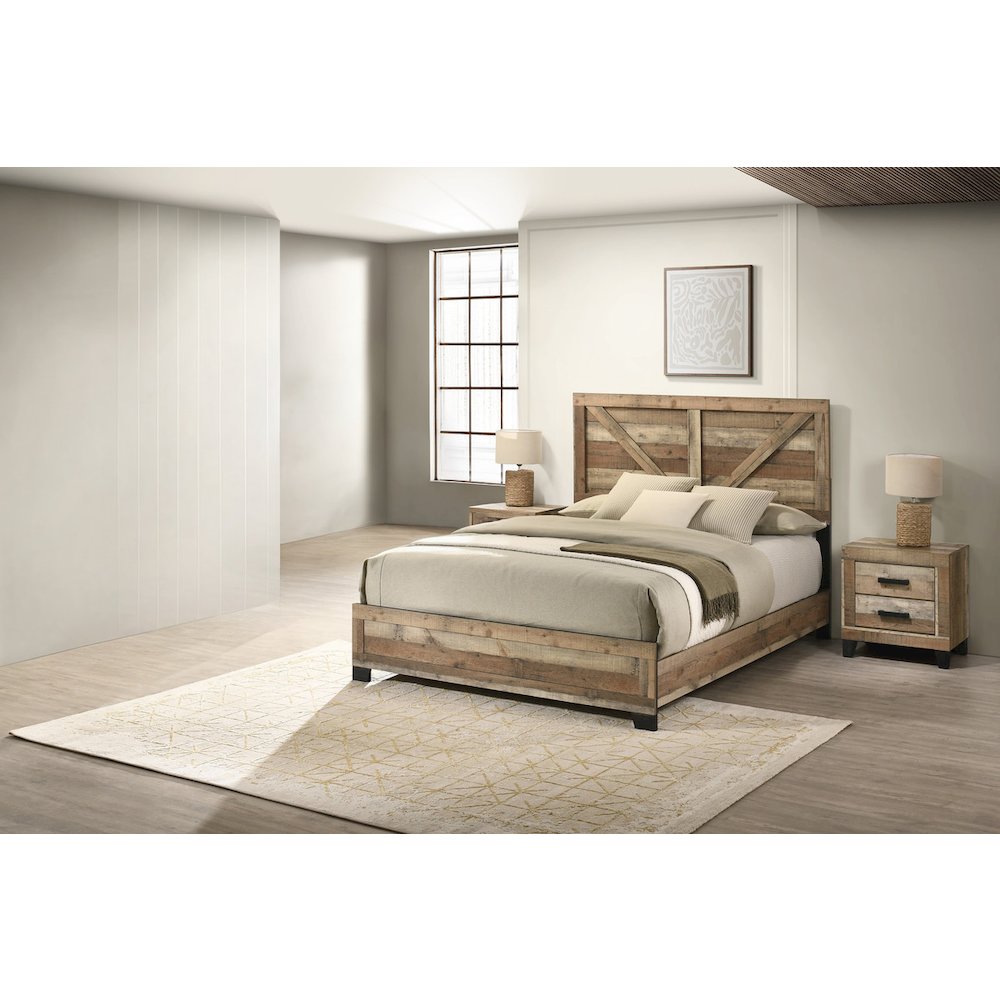 3pc Queen Panel Bedroom Set Weathered Brown Pine color (Bed, 2 Nightstand)