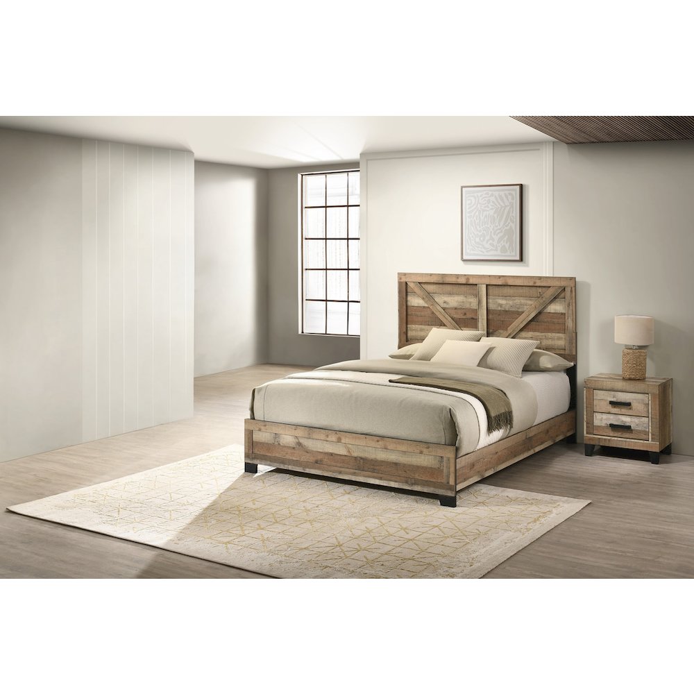 2pc Eastern King Panel Bedroom Set Weathered Brown Pine color (Bed, Nightstand)