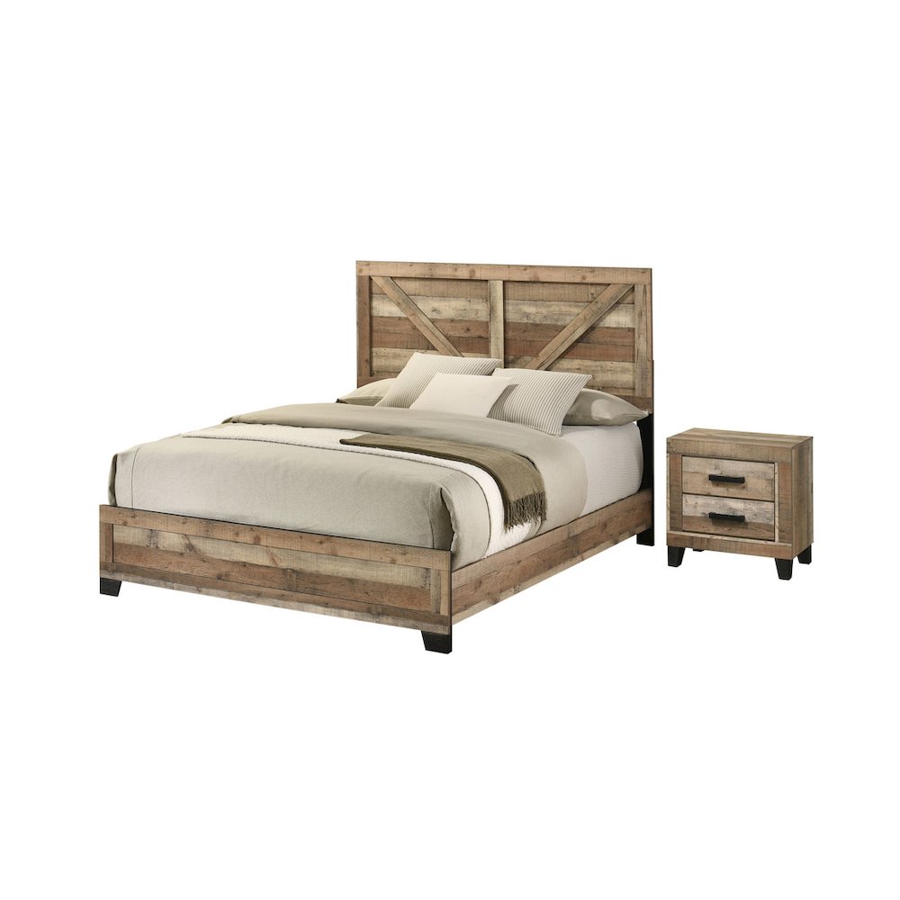 2pc Eastern King Panel Bedroom Set Weathered Brown Pine color (Bed, Nightstand)