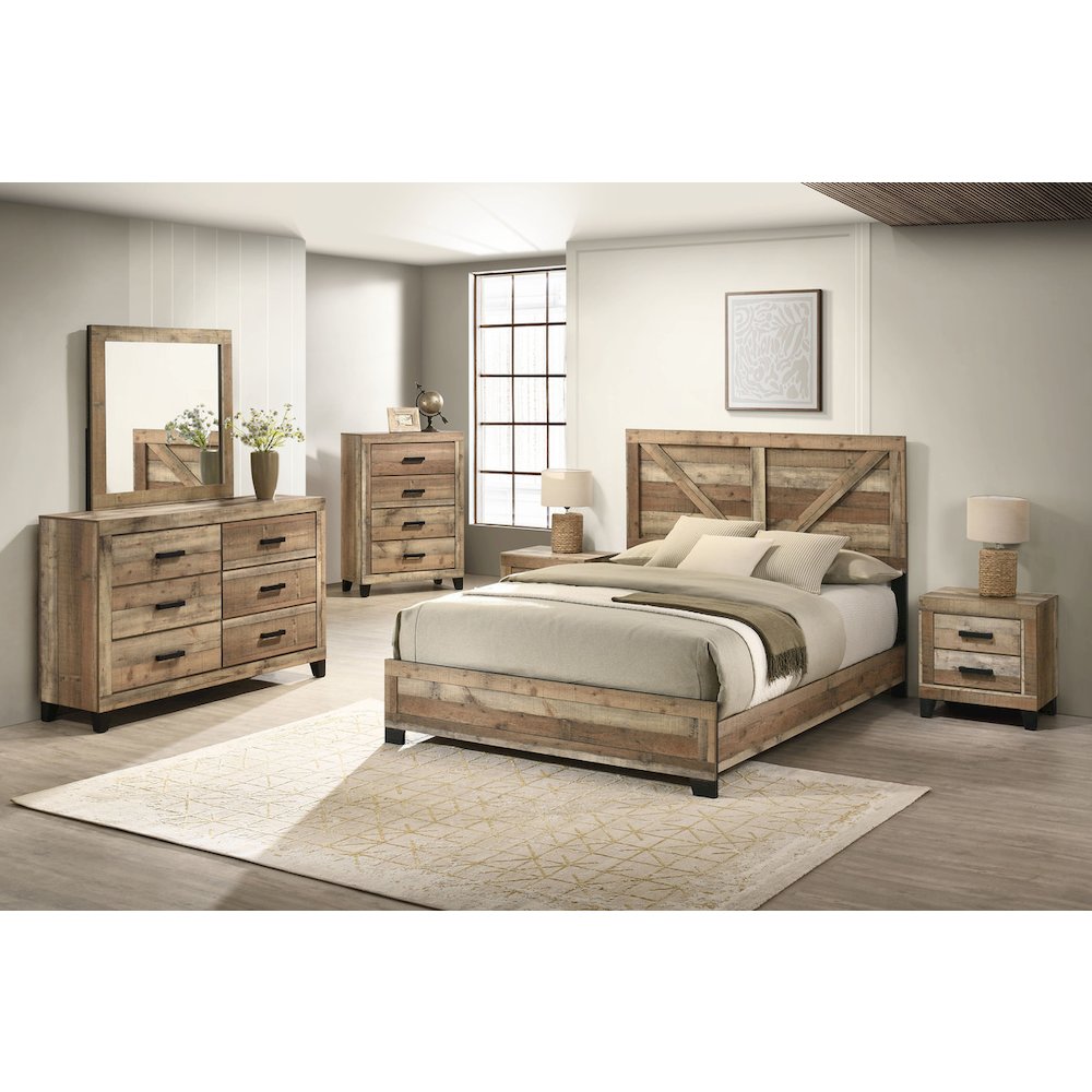 6pc Eastern King Panel Bedroom Set Weathered Brown Pine color