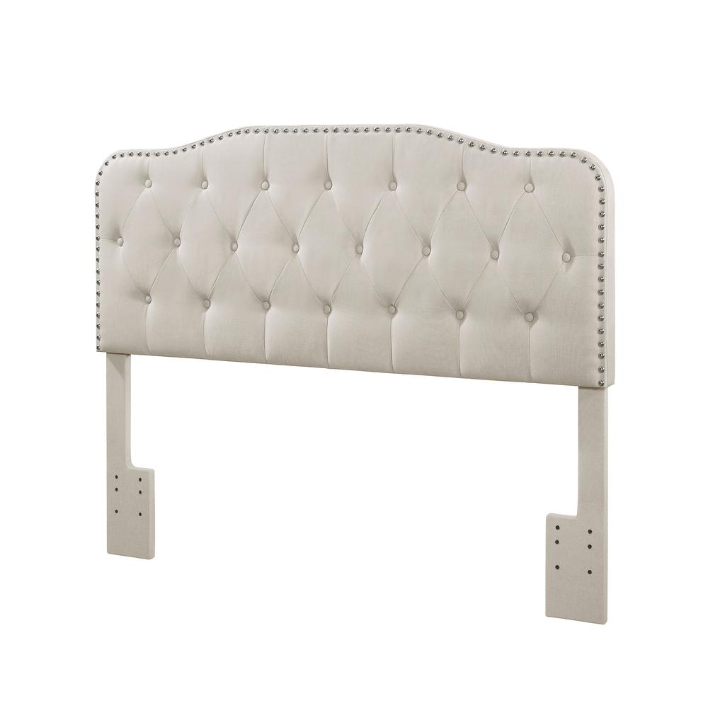 Beige Linen Uph. Panel Bed with Silver Nailhead- Full