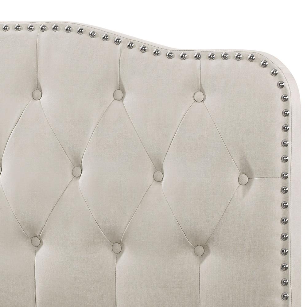 Beige Linen Uph. Panel Bed with Silver Nailhead- Full