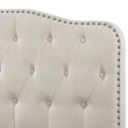 Beige Linen Uph. Panel Bed with Silver Nailhead- Full