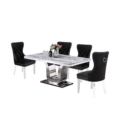 White Marble 5pc Set Tufted Wingback Chairs in Black Velvet