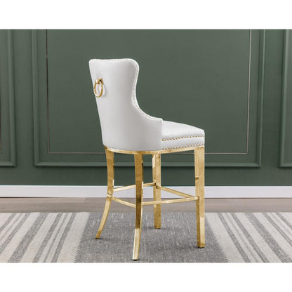 White faux leather bar stool with gold color stainless steel base (SET OF 2)