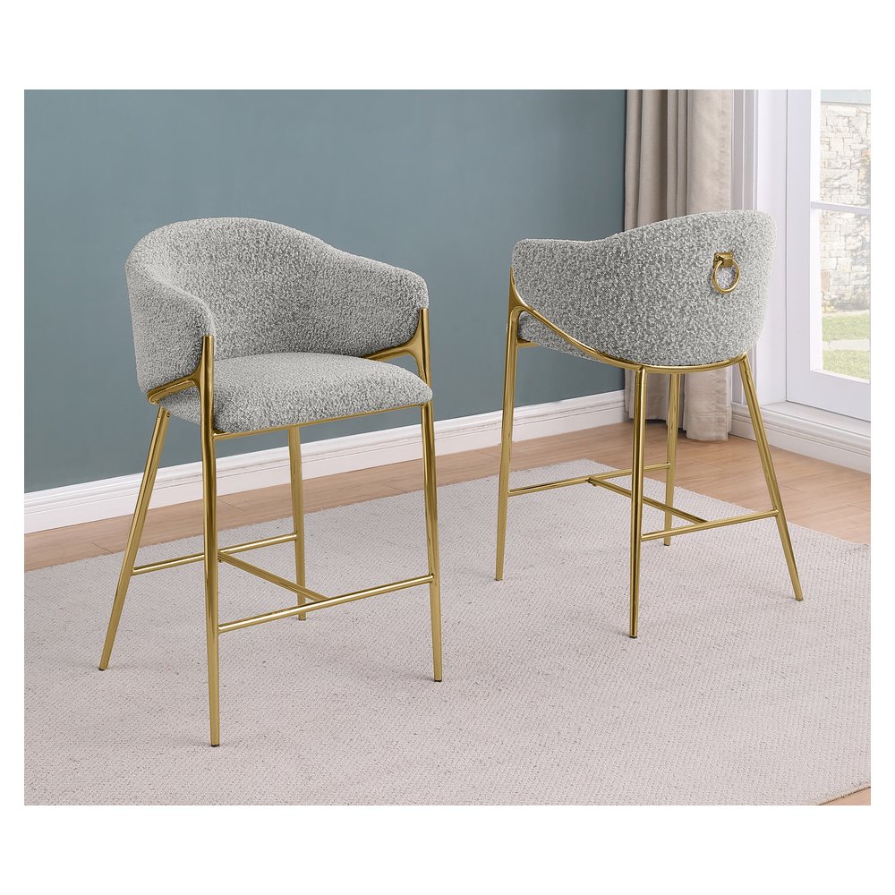 Rich gray barstools (29") in boucle fabric and gold chrome base (SET OF 2)