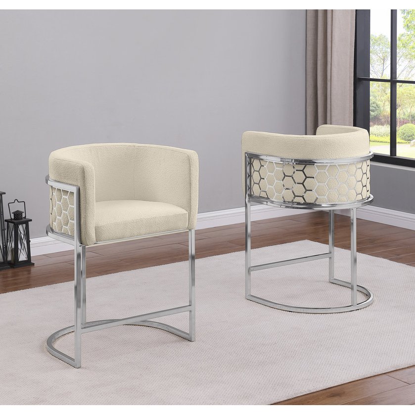 Honeycomb back barrel chair in Cream with silver base, Set of 2