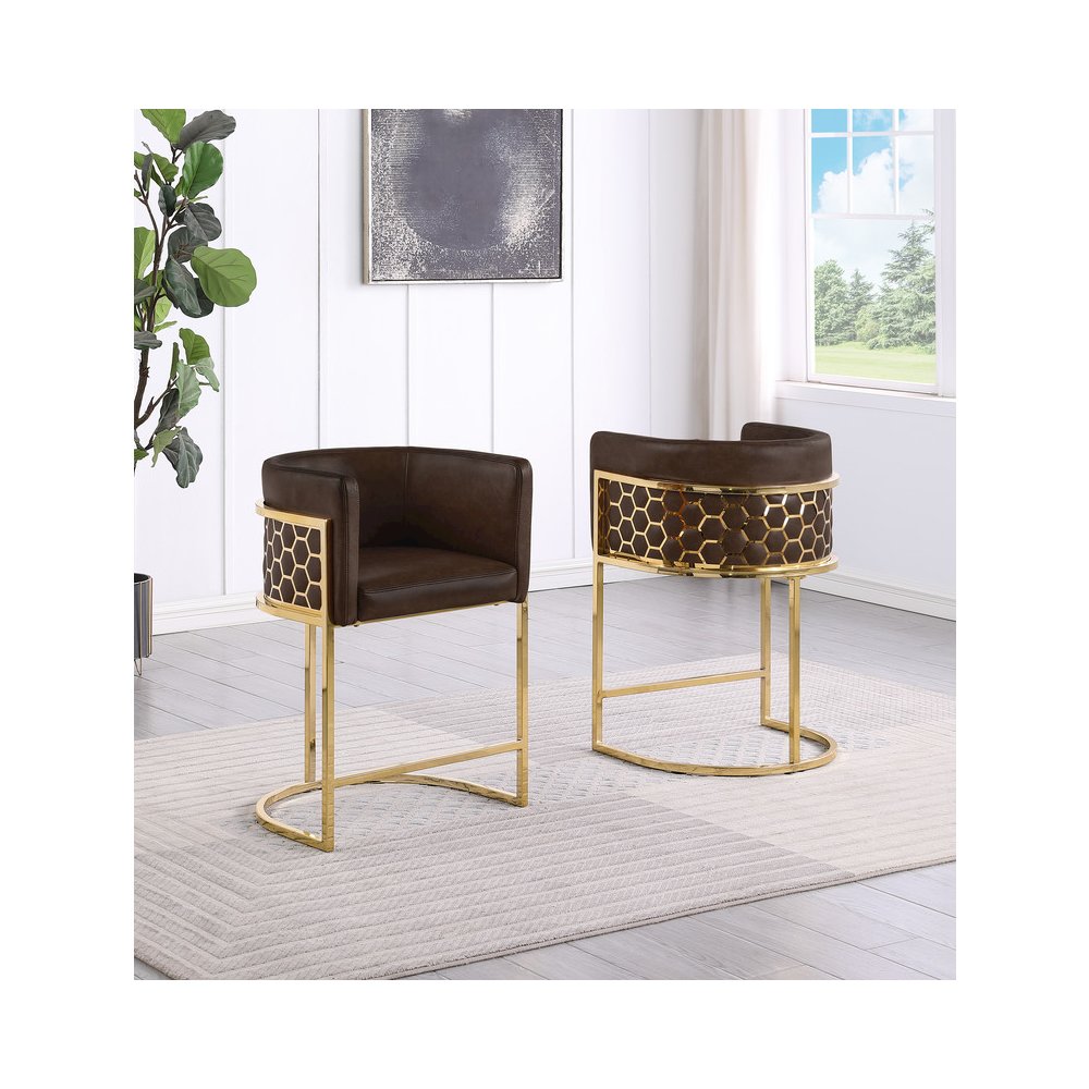 Espresso Leather-Aire Fabric Counterheight with Gold Chrome Base (Set of 2)