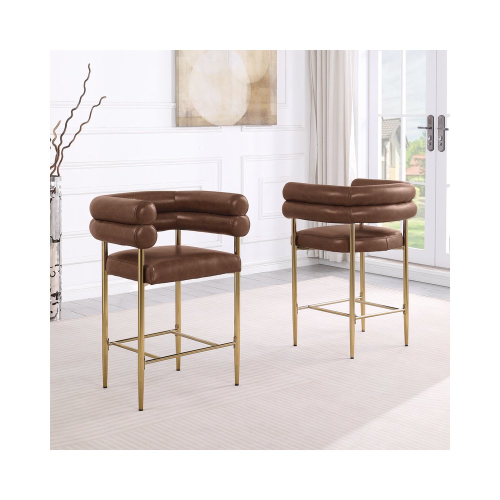 Mocha Leather-Aire Fabric Counterheight with Gold Chrome Base (Set of 2)