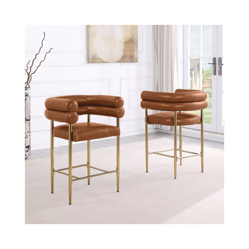 Toffee Leather-Aire Fabric Counterheight with Gold Chrome Base (Set of 2)