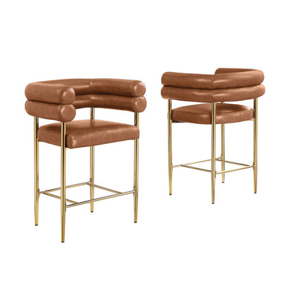 Toffee Leather-Aire Fabric Counterheight with Gold Chrome Base (Set of 2)