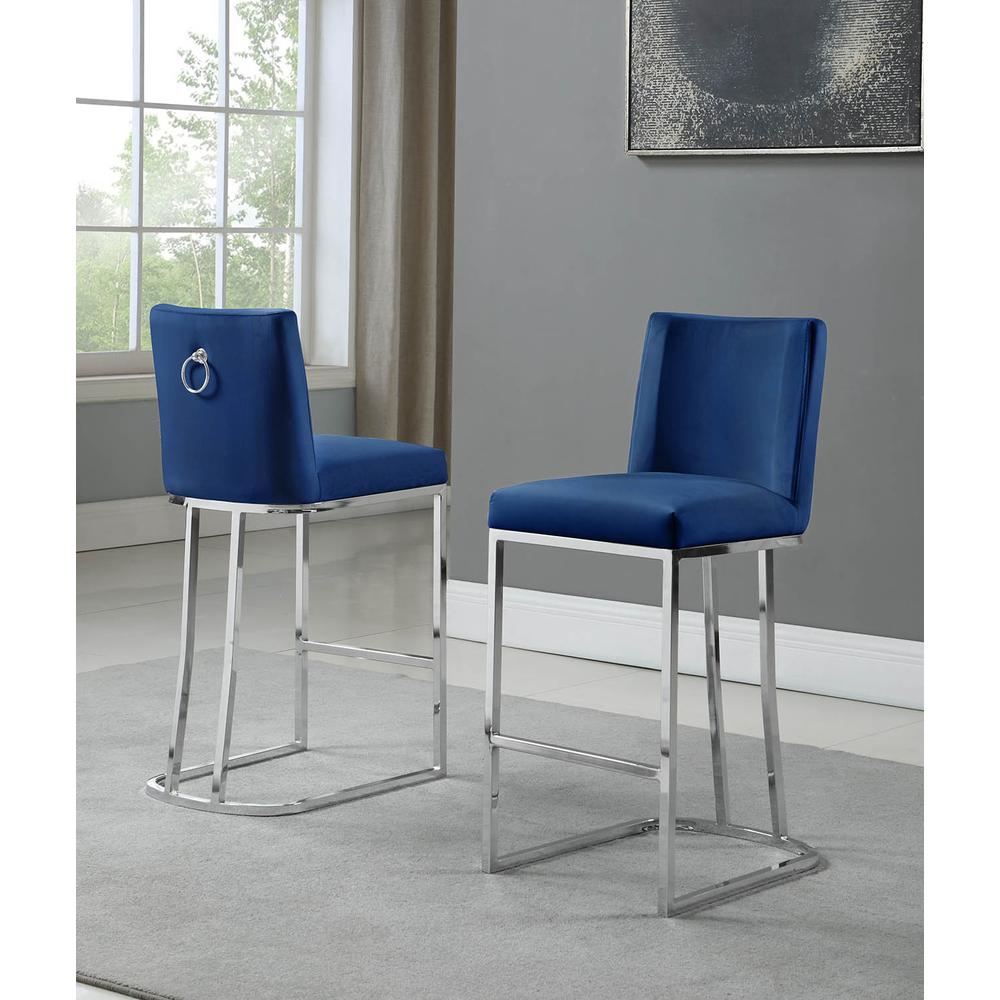 24" Velvet Counter Stool, Navy Blue, Chrome Base (Set of 2)