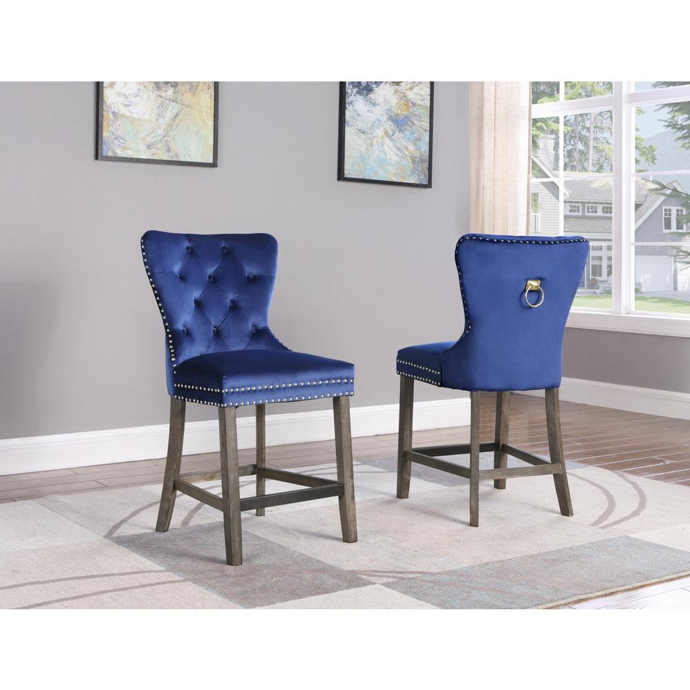 24" Navy blue velvet counter height chairs with wood base