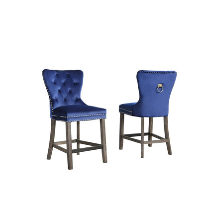 24" Navy blue velvet counter height chairs with wood base