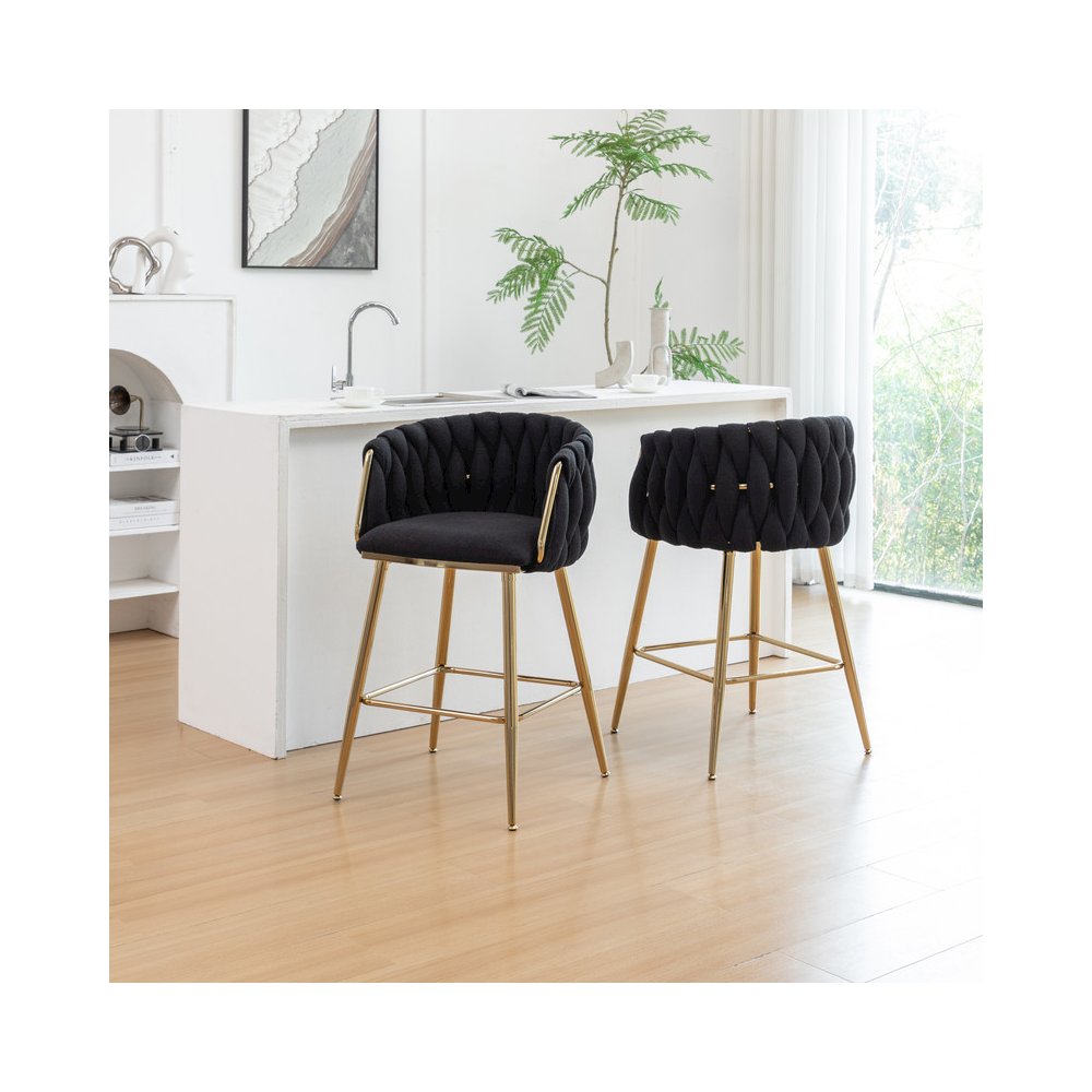 Black Boucle Fabric With Gold Base Counter-Height, Set Of 2