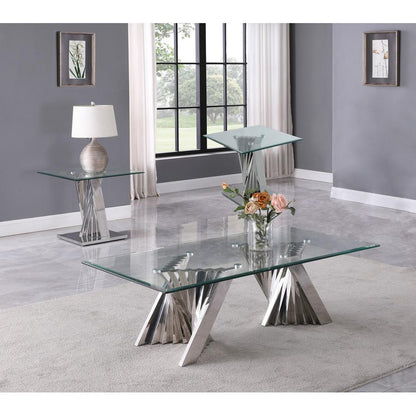Glass Coffee Table Sets: Coffee Table and 2 End Tables with Stainless Steel Base