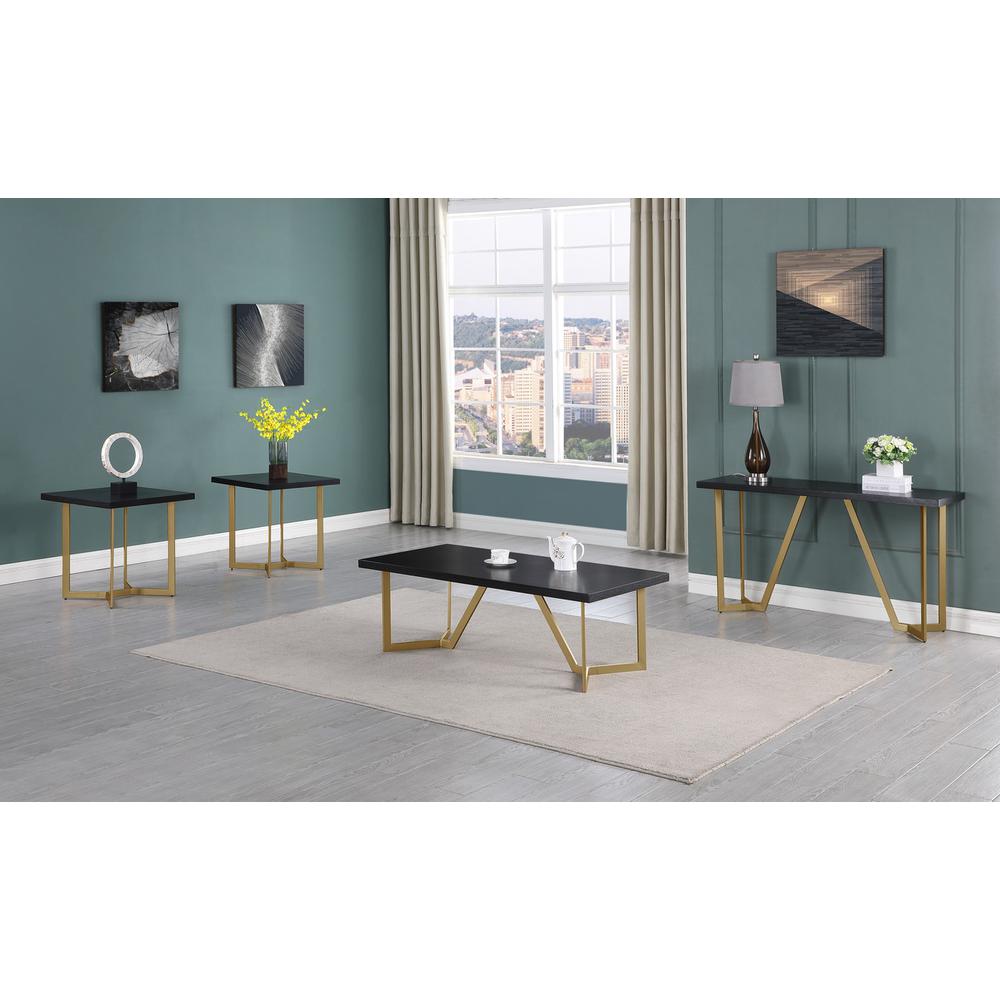 4pc Black wood top coffee table set w/ gold color iron base (1 coffee+2End+1console table)