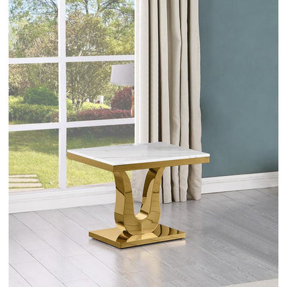 White marble end table with a gold color stainless steel base