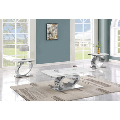 3pc White marble coffee table set with silver base (1 Coffee+2 End tables)