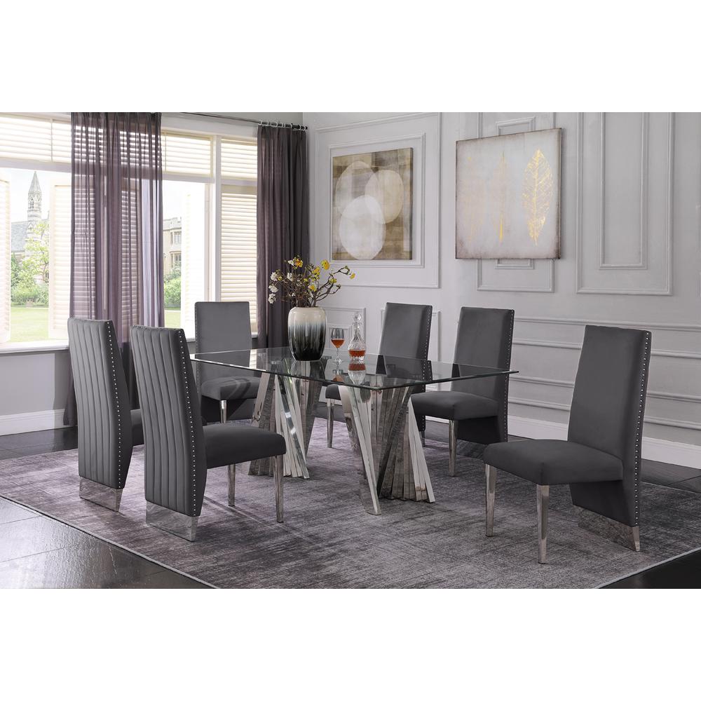 Classic 7pc Dining Set w/Pleated Side Chair, Glass Table w/ Silver Spiral Base, Dark Grey