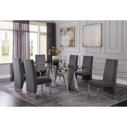 Classic 7pc Dining Set w/Pleated Side Chair, Glass Table w/ Silver Spiral Base, Dark Grey