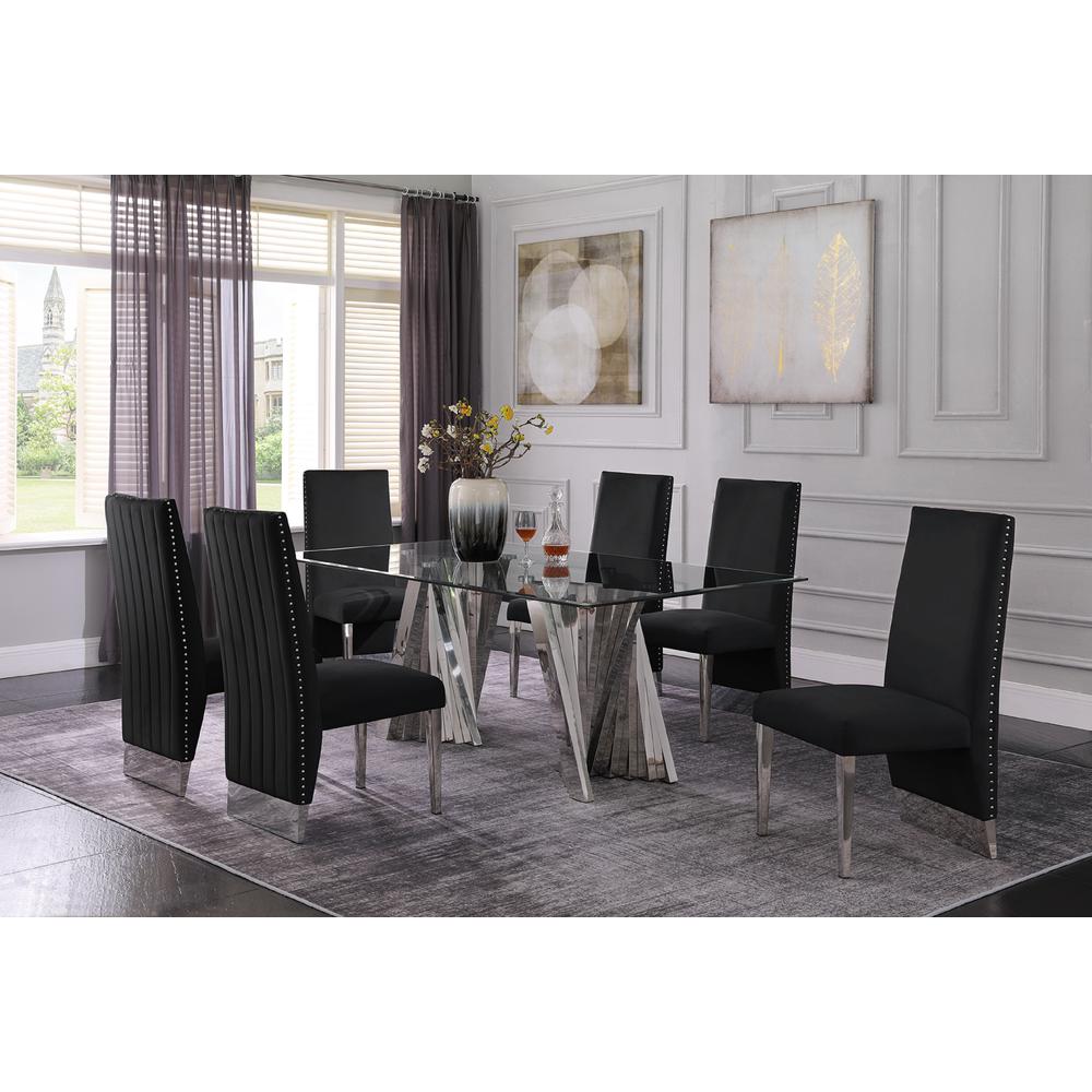 Classic 7pc Dining Set w/Pleated Side Chair, Glass Table w/ Silver Spiral Base, Black