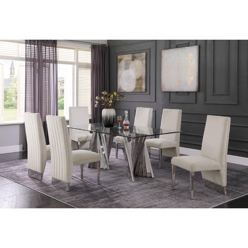Classic 7pc Dining Set w/Pleated r Side Chair, Glass Table w/ Silver Spiral Base, Beige
