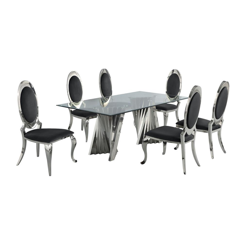 Classic 7pc Dining Set w/Uph Side Chair, Glass Table w/ Silver Spiral Base, Black