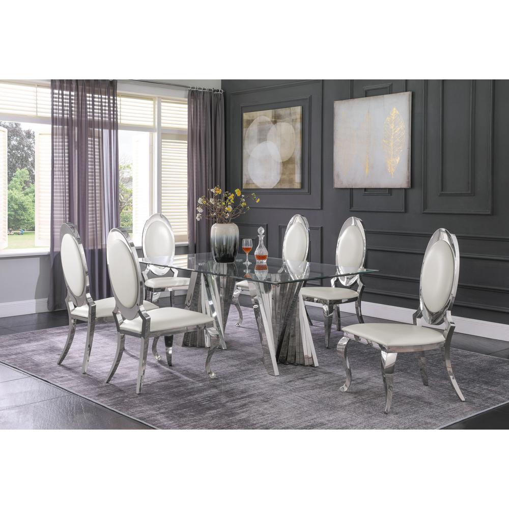 Classic 7pc Dining Set w/Faux Leather Side Chair, Glass Table w/ Silver Spiral Base, White