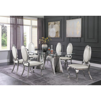 Classic 7pc Dining Set w/Faux Leather Side Chair, Glass Table w/ Silver Spiral Base, White