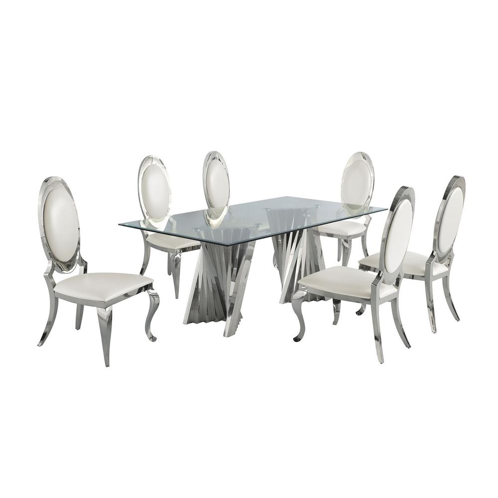 Classic 7pc Dining Set w/Faux Leather Side Chair, Glass Table w/ Silver Spiral Base, White