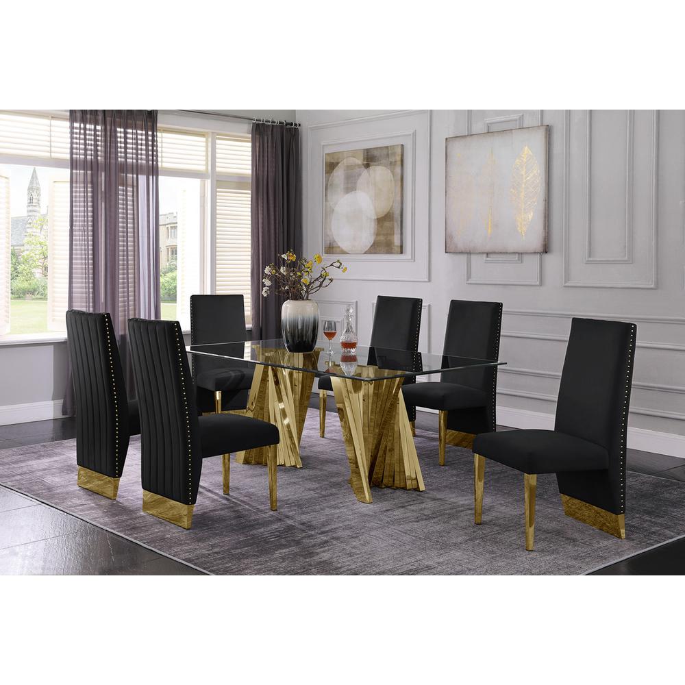 Classic 7pc Dining Set w/Pleated Side Chair, Glass Table w/ Gold Spiral Base, Black