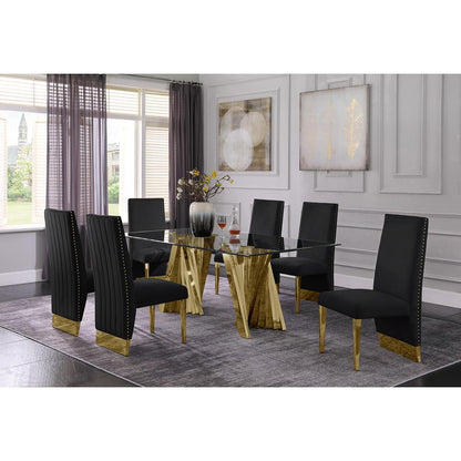 Classic 7pc Dining Set w/Pleated Side Chair, Glass Table w/ Gold Spiral Base, Black