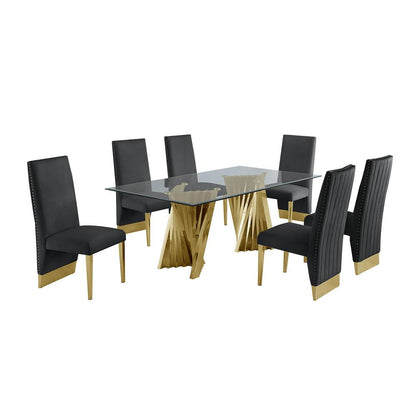 Classic 7pc Dining Set w/Pleated Side Chair, Glass Table w/ Gold Spiral Base, Black
