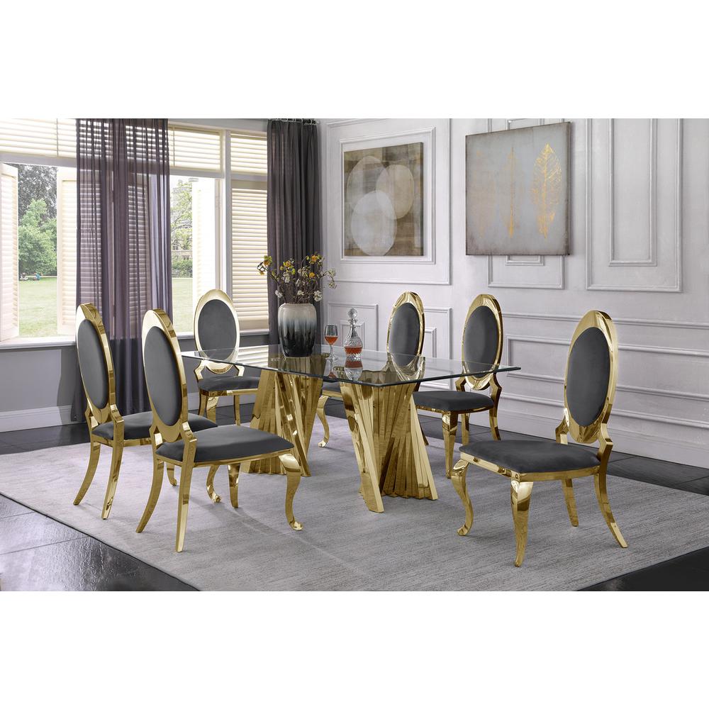 Classic 7pc Dining Set w/Uph Side Chair, Glass Table w/ Gold Spiral Base, Dark Grey