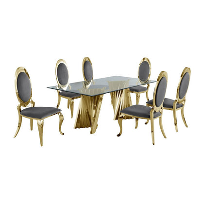 Classic 7pc Dining Set w/Uph Side Chair, Glass Table w/ Gold Spiral Base, Dark Grey
