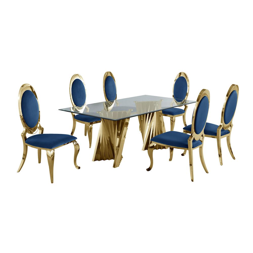 Classic 7pc Dining Set w/Uph Side Chair, Glass Table w/ Gold Spiral Base, Navy Blue