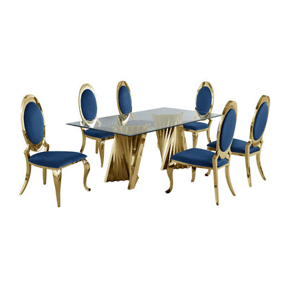 Classic 7pc Dining Set w/Uph Side Chair, Glass Table w/ Gold Spiral Base, Navy Blue