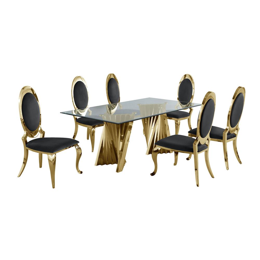 Classic 7pc Dining Set w/Uph Side Chair, Glass Table w/ Gold Spiral Base, Black