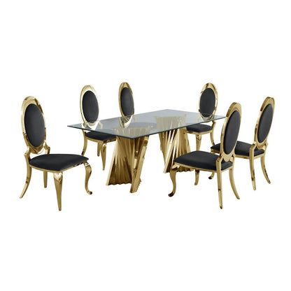 Classic 7pc Dining Set w/Uph Side Chair, Glass Table w/ Gold Spiral Base, Black