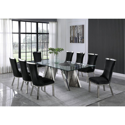 9pc dining set- Recatngle Glass table with silver color base and Black velvet chairs