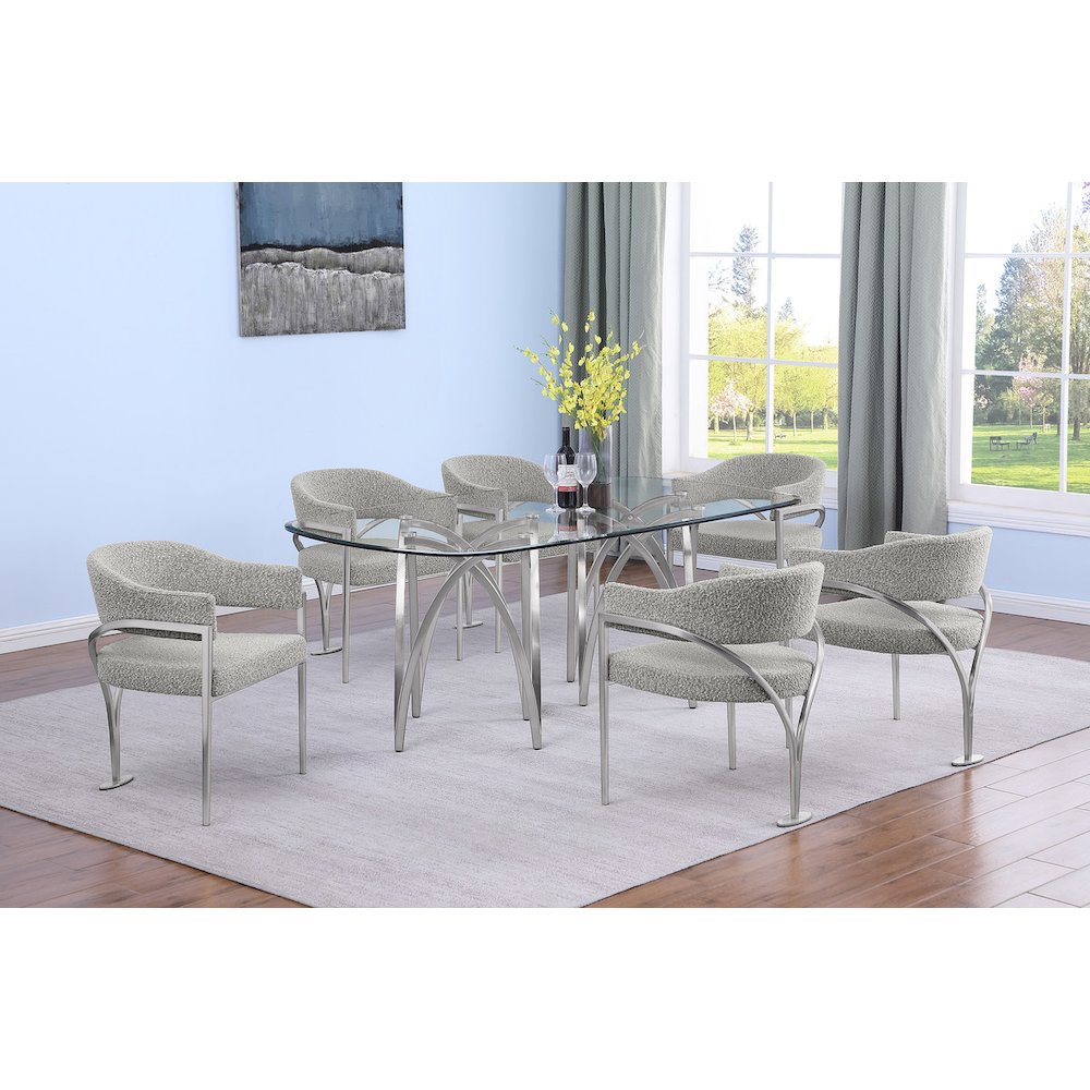7Pc Tempered Glass Dining Table Set 6 Rich Gray Matte Silver Side Chairs