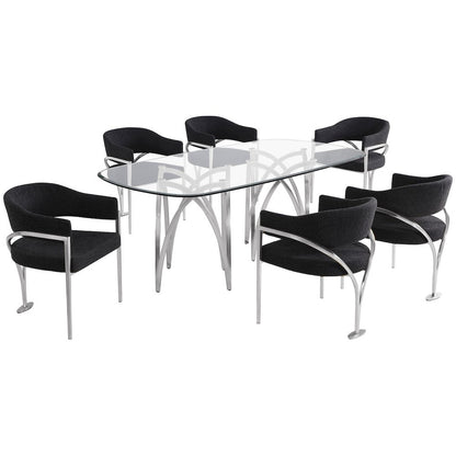 7Pc Tempered Glass Dining Table Set With 6 Black With Matte Silver Side Chairs