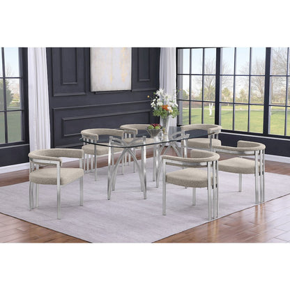 7Pc Tempered Glass Dining Table Set With 6 Gray With Matte Silver Side Chairs