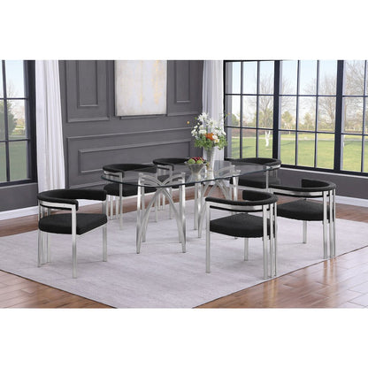 7Pc Tempered Glass Dining Table Set With 6 Black With Matte Silver Side Chairs