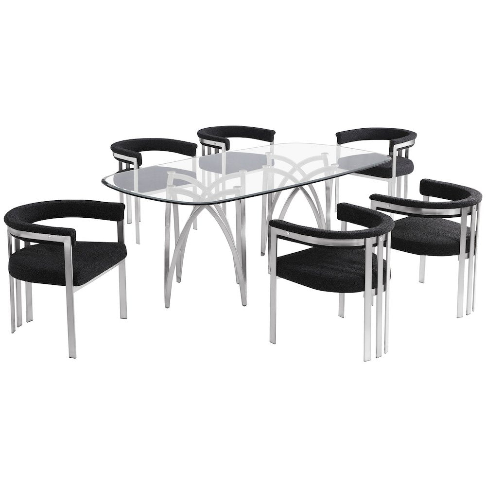 7Pc Tempered Glass Dining Table Set With 6 Black With Matte Silver Side Chairs