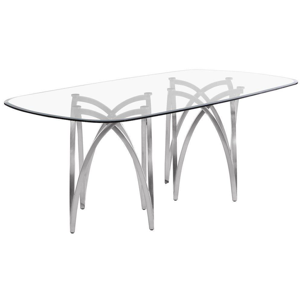 Small Clear Tempered Glass Dining Table Brushed Silver Matte Chrome-Plated Base